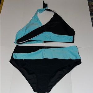 NEW* Black and Blue Color-Block Bikini with Halter Top